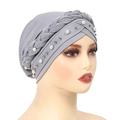 Gray milk silk turban cap with pearl beads and braided twist detail on a model - Light Gray