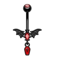 Gothic black bat belly button ring with red coffin pendant and crystal accents - Bat Belly Button Ring 1.6x10mm