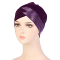 Detailed cross-front design of dark purple elastic turban with textured ribbon trim - Metallic Dark Purple