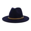 Detail of dark blue wool fedora hat featuring khaki leather band and gold buckle accent - M(56-58cm) / Navy Blue + Light Khaki Belt