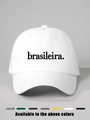 Close-up of black 'brasileira.' embroidery on a high-quality white cotton baseball cap - Adjustable / White