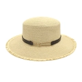 Chapeau canotier en paille à bord plat avec ruban en cuir et boucle dorée pour le soleil - M(56-58cm) / Beige