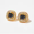 Elegant gold square stud earrings with black gemstone and shimmering pavé zircon border - Golden Square Black Stone Style (KDE1163)