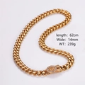 Detail of 14mm wide gold Cuban link necklace with lion clasp showing 62cm length and weight - 14mm Width Necklace (62cm) / Gold