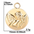 Detail showing dimensions of golden angel relief pendant with cupid motif and ring hook - Gold
