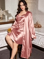 Plus size two-piece satin pajama set with robe and slip dress in elegant dusty pink - Solid Pink