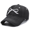 Dark gray washed denim baseball cap with white bow embroidery and contrast stitching - Adjustable / Black