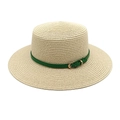 Chapeau de paille à haut plat avec lanière en cuir vert foncé et boucle dorée d'été - M (56-58cm) / Poche zippée