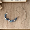 Bohemian multilayer necklace featuring blue and white starfish pendants and gold beads - Three-Color Sea Star Patchwork - 130cm