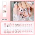 Pink gradient press-on nails with 3D floral accents, rhinestones, and pearls - Pink White Gradient 3D Flower Bow Style (ZTD-0101)