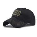 Close-up of US flag embroidery and contrast yellow stitching on black baseball cap - Adjustable / US Flag Baseball Cap Black