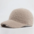 Casquette de baseball chaude en tricot pour femme en peluche de lapin beige doux - Réglable / Kaki