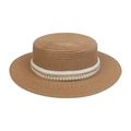 Elegant natural brown boater straw hat featuring pearl and gold chain decorative band - Artificial Pearl Gold Chain Style (299K)