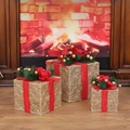 Juego de tres cajas de regalo de Navidad en malla metálica dorada con lazos rojos y pino - Combinación Grande Mediano Pequeño / Dorado