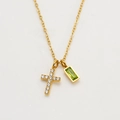 Golden cross necklace with rectangle green gemstone pendant and crystal accents for women - August/Light Green