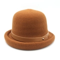 Detail of caramel knit fisherman hat featuring a leather strap and golden stud accent - Caramel color / M (56-58cm)