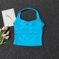 Macro shot of seamless bright blue halter yoga top with center chest ruched detail - S / Glacier Blue