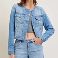 Close-up of light blue denim jacket showing collarless design and metal button details - L / Light Blue