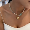 Elegant baroque pearl bracelet with blue-green irregular stone beads and gold accents - Baroque Gold-painted Pearl Necklace