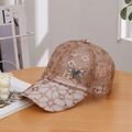 Detail of champagne gold mesh baseball cap with sequin patterns and heart arrow badge - Adjustable / Coffee