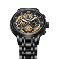 Men's black skeleton quartz watch with metal strap and golden mechanical gear design - Black