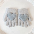 Light gray knitted children's gloves featuring a blue plush heart and ribbed cuffs - One Size (1-4Y) / Gray