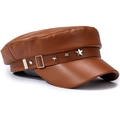 Vintage brown PU leather baker boy cap with silver star buckle decorative strap - Flat Top with Three Stars Decor / Coffee
