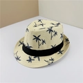 Close-up of light beige straw fedora featuring navy palm tree patterns and black ribbon - M (56-58cm) / Beige with Coconut Tree