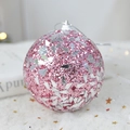 Pink Christmas ball ornament with glitter finish and silver star patches on white mesh - Pine Tree Glitter Pink Foam Ball