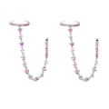 Silver earring set with pink zircons featuring a unique chain-linked cuff design - Silver with Pink Gemstone Ear Cuff Chain Earring