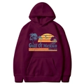 Deep burgundy oversized hoodie featuring vintage Gulf of Mexico sunset and palm tree print - S / Burgundy