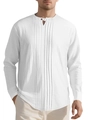 Heren katoenen linnen Henley-shirt in wit met geplooide details en lange mouwen - S / Wit