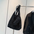 Schwarze Pailletten-Tote-Bag mit passender Geldbörse, schicke große Schulterhandtasche - Schwarz