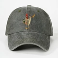 Detailed macro view of washed grey cotton baseball cap featuring a rooster graphic print - Army Green