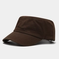 Close-up of brown flat top army cap with reinforced stitching on twill cotton brim - Adjustable / Coffee