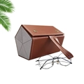 Brown leather 5-slot foldable eyewear storage box with soft grey lining and carry strap - Brown (5 Slots)