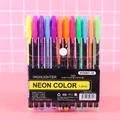 Set of 12 vibrant 1.0mm glitter gel pens in a transparent snap case on pink background - 12-Color Neon Highlighters