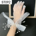 Detail of white bridal mesh glove featuring delicate floral lace and pearl embellishments - White Mesh 3D Flower Pearl (ST092)