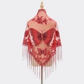 Lace triangle shawl in vibrant red featuring butterfly embroidery and elegant fringe - Red