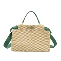 Retro straw tote bag with dark green leather trim and gold metal twist lock buckle - Green