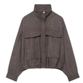 Giacca bomber corta spigata marrone scuro con collo alto e grandi tasche anteriori piatte - XS / Cammello
