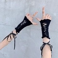 Y2K gothic black fingerless gloves with corset-style lacing and ruffled edges - Black Short Ribbon