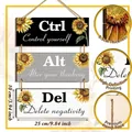 Close-up of three-tier wooden sunflower sign with size specs and jute rope detail - Sunflower Motivational Quotes Black White Grey Style