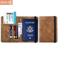 Brown RFID blocking faux leather travel passport holder with elastic band and card slots - Elastic Band Style / Brown