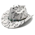 White Western cowboy hat with black bird graffiti and turquoise beaded band detail - M (56-58cm) / Bird Print with Turquoise Pendant / Fedora Top White