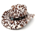 Chapeau de cowboy en peluche léopard avec bandeau en cuir et détails de turquoise - M (56-58cm) / Dessus Plat Beige