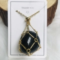 Handmade necklace with black crystal stone in golden bamboo metal mesh cage - Gold Obsidian