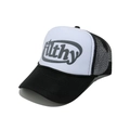 Detail of classic black and white trucker hat featuring filthy embroidery and mesh back - White