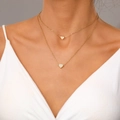 Double-layered golden heart necklace featuring a sparkling pink zircon pendant for women - Double Layer Gold Rhinestone Heart Necklace
