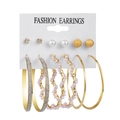 Detail view of a 6-pair gold earring set featuring pearls, rhinestones, and large hoops - 6 Pairs Set-Gold Frosted Ball Rhinestone Pearl